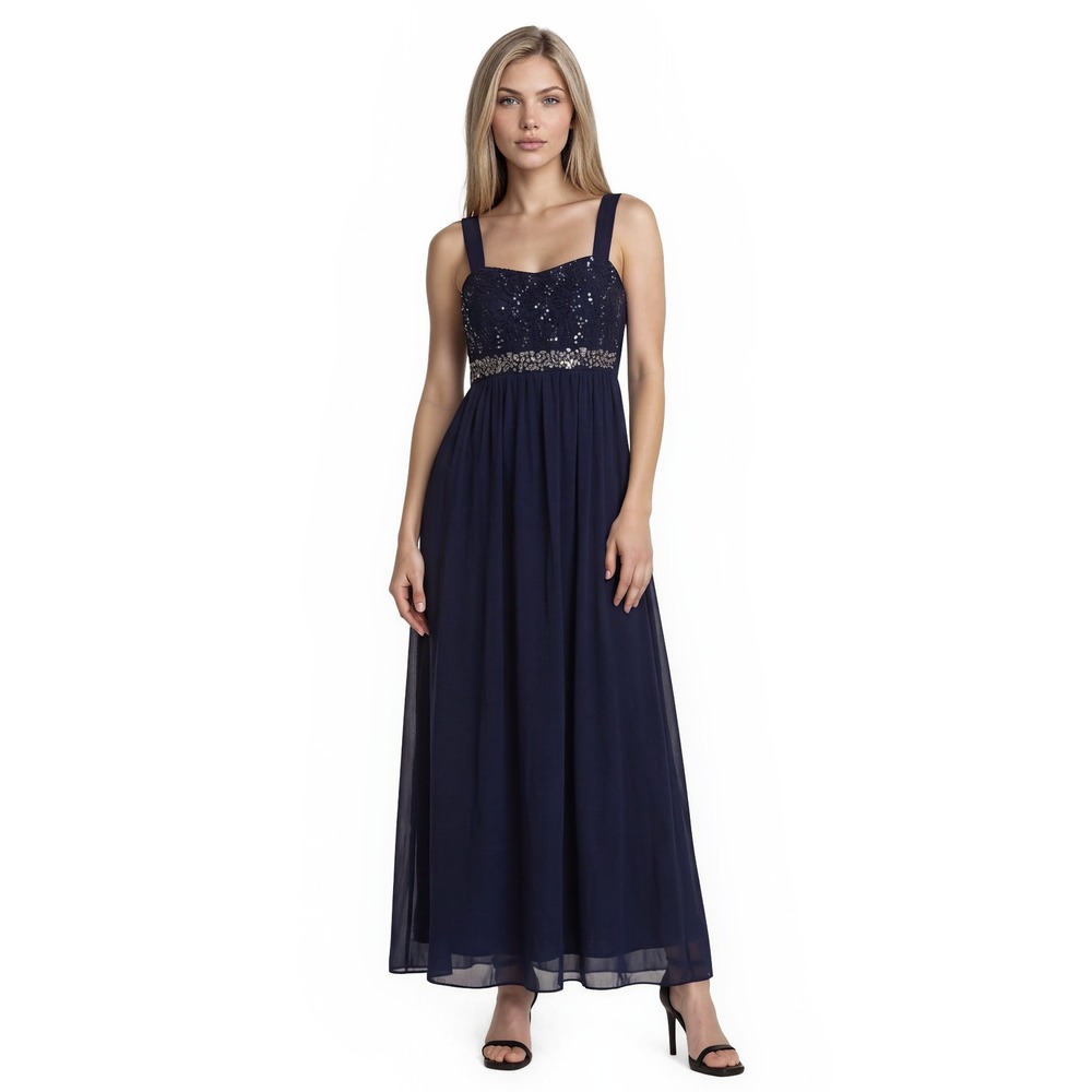 Lux II Maxi Dress Women's Size 8 Navy Blue Sequin Lace Crystal Cocktail Evening